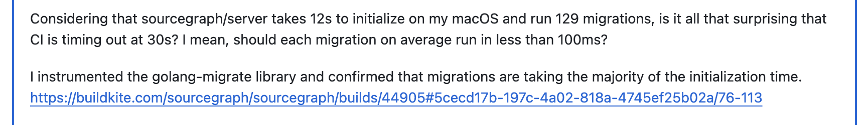 Extract from a GitHub issue attributing the majority of time in initialization to running migrations